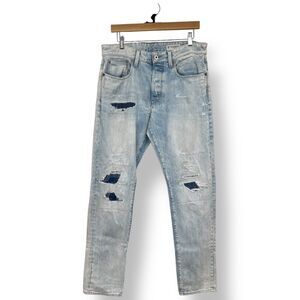 G-Star Raw Jeans Mens 33x32 Blue 3301 Slim Fit Tapered Leg Distressed Moto Biker